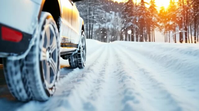 Driving through snowy roads at sunset with tire chains for traction