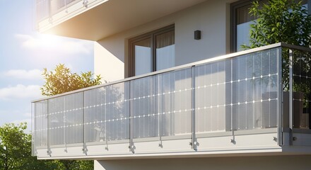 Modern apartment balcony railing seamlessly integrated with sleek solar panels, showcasing sustainable urban living bathed in warm sunlight.