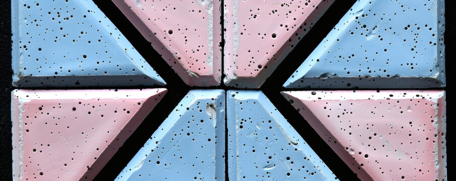 Concrete tiles creating abstract geometric pattern with pink and blue colors