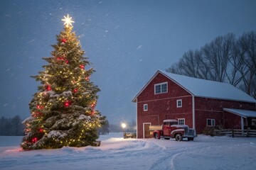 Snowy Winter Evening at a Rustic Red Barn with a Festive Christmas Tree and Vintage Truck