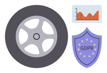 GDPR shield with stars, data trends chart, and a wheel mechanism promoting regulatory compliance, data security, progress. Ideal for privacy, protection, technology, data management safety growth