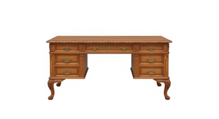 Classic wooden executive desk with ornate drawers isolated on transparent background