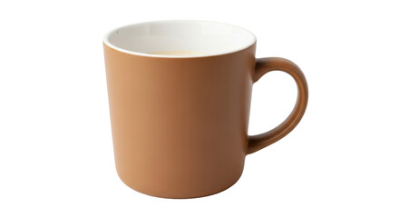 Isolated brown ceramic coffee mug, empty with a white interior, modern kitchenware style