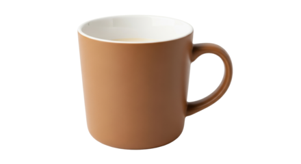 Isolated brown ceramic coffee mug, empty with a white interior, modern kitchenware style