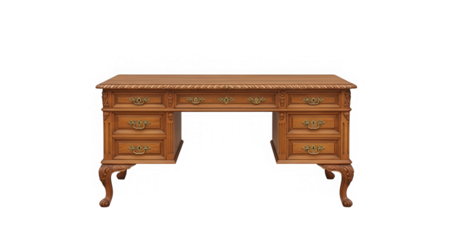 Classic wooden executive desk with ornate drawers isolated on transparent background