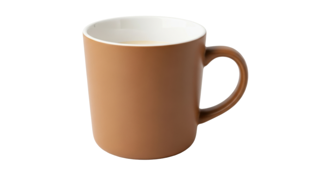 Isolated brown ceramic coffee mug, empty with a white interior, modern kitchenware style