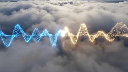 Abstract Wavy Line Oscillating in Cloudscape, Blue and Gold Gradient - Powered by Adobe