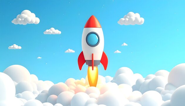 Cartoon rocket soars through fluffy clouds on bright blue gradient background - Powered by Adobe