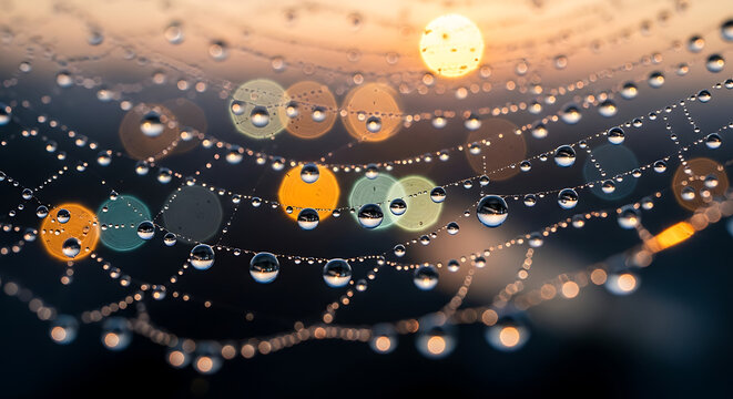 Spiderweb with dew drops at sunrise, sparkling bokeh background - Powered by Adobe