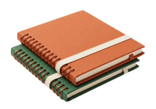 Isolated spiral bound notebooks in green and orange with elastic closure, study tools