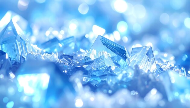 Close-up captures of blue crystals shimmering with light, creating a mystical, ethereal atmosphere