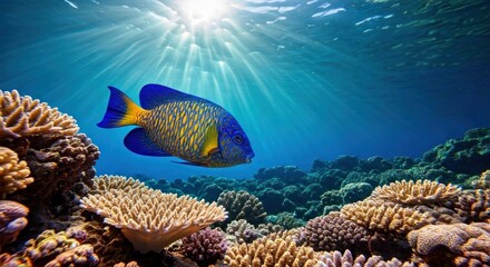 Obraz premium A vibrant fish swims above colorful coral reefs with sun rays filtering down