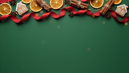 Beautiful Green Christmas Background with Ornaments. Gingerbread, Cinnamon, Star Anise. Christmas Decorations. Seasonal Wallpaper.