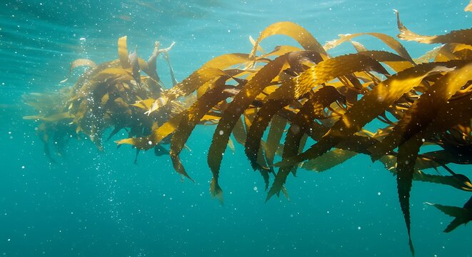 Vibrant underwater kelp forest swaying gently in clear turquoise ocean water with sunlight filtering through the surface creating a magical aquatic scene
