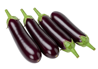 Isolated group of four fresh, glossy eggplants or aubergines, with bright green stalks