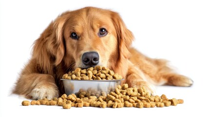 Plakat Golden retriever puppy eating from a bowl on a white background, showing healthy dog food, pet nutrition, playful puppy, domestic animal, adorable pet, and feeding concept for pets and lifestyle