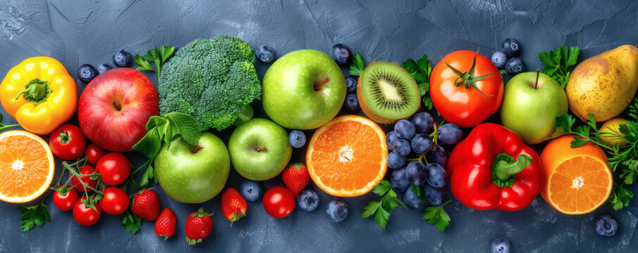 Healthy eating concept with fresh colorful fruits and vegetables forming a nutrition banner