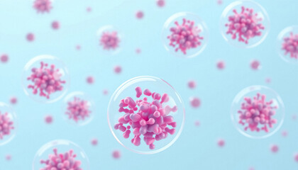 Pink virus cells under microscopes for medical research and science concepts representing pandemic threat and disease