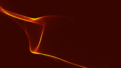 Abstract vector background with a dynamic wave. Streams of golden-orange dots form smooth waves of light against a dark background. The light emanate creates a sense of depth and elegance. Futuristic