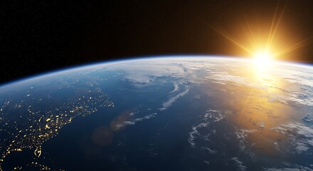 Sunrise over the earth s curvature from space illuminating continents with city lights and vast oceans