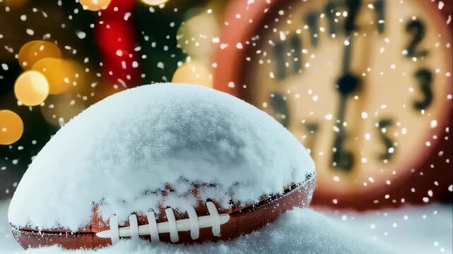 Football in winter with a clock and holiday lights in the background