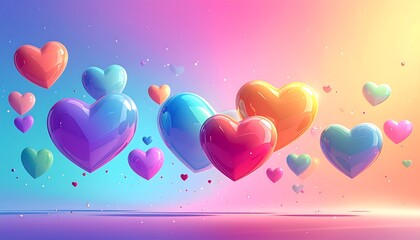 Colorful hearts float against a gradient of pink, blue, and yellow, with sparkling dots scattered around