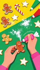 Naklejka premium Hands decorating Christmas cookies and gingerbread on cozy kitchen table, watercolor vector top view illustration for festive baking and family traditions