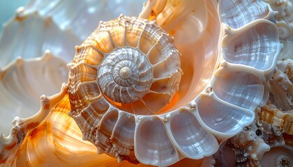 Close-up capturing a golden-hued, spiral seashell, highlighting its intricate textures and organic geometry in detail