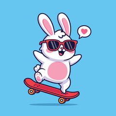 Cute cartoon rabbit wearing sunglasses and skateboarding happily on a red board with a heart bubble.