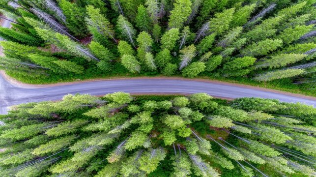 Winding road through lush green forest aerial view nature landscape tranquil environment serene concept for relaxation
