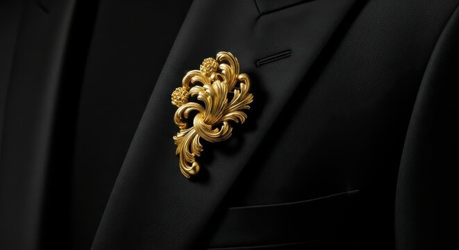 Elegant gold brooch on black suit jacket