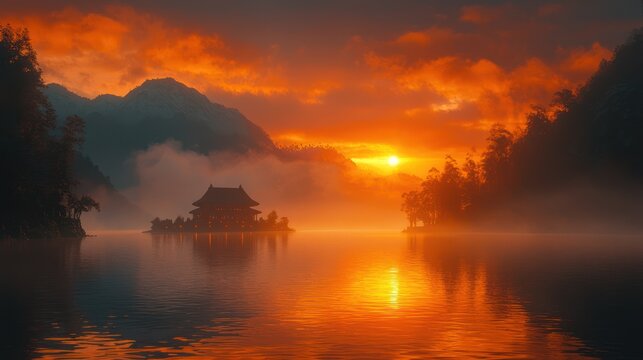 Sunrise over misty lake, temple on island, mountains background; serene landscape for travel brochures - Powered by Adobe