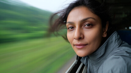 Portrait of Indian woman in the train.