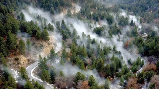 Scenic misty road journey through dense pine forest mountainous region aerial view nature exploration serenity - Powered by Adobe