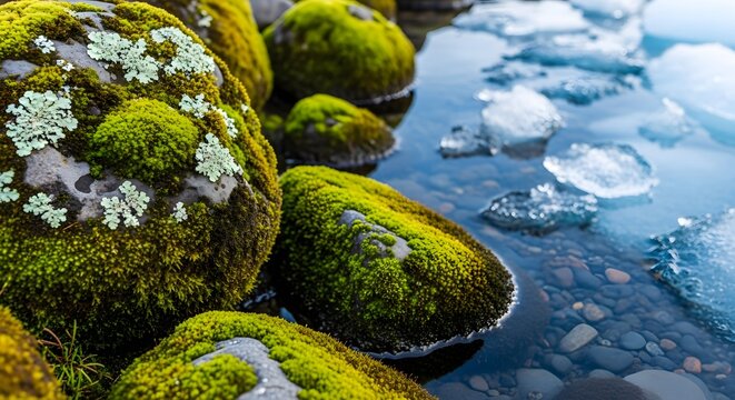 green moss and pale lichen set against cool ice hues, creating a serene yet striking natural composition with shallow focus. Glacial.