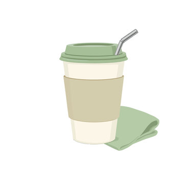 Eco-friendly reusable coffee cup with straw and cloth napkin for sustainable beverage consumption
