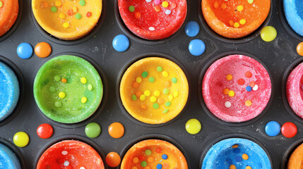 Fototapeta premium Colorful candy desserts in a muffin tin, creating a vibrant pattern from above