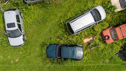 Several old, rusting cars are spread across a lush green field with overgrown grass.