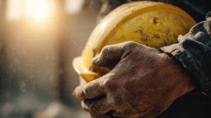 Construction worker adjusting safety helmet in dusty industrial environment closeup shot sunlit depth of field