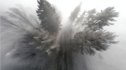Aerial winter forest road surrounded by heavy fog and frost-covered pine trees