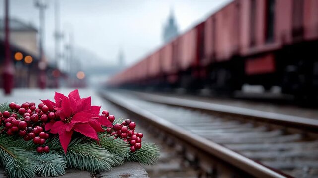 Red poinsettia flower with winter greenery near train tracks  