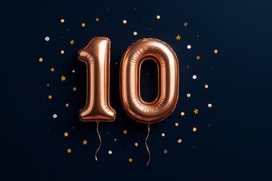 Number 10. Gold balloons number 10th anniversary, happy birthday and congratulations