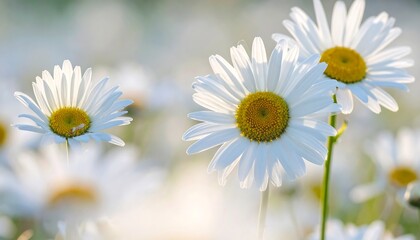 Close-up of white daisies with yellow centers, bathed in soft, blurred light against a field of similar flowers