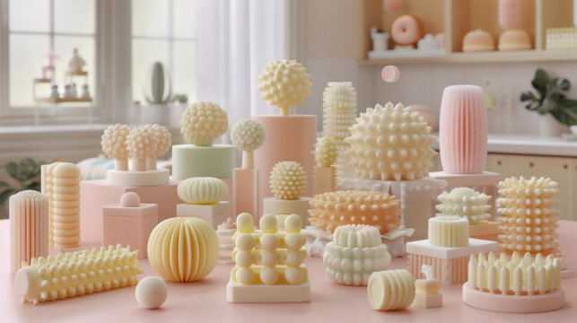 Pastel geometric sculptures creating a serene still life scene with abstract shapes