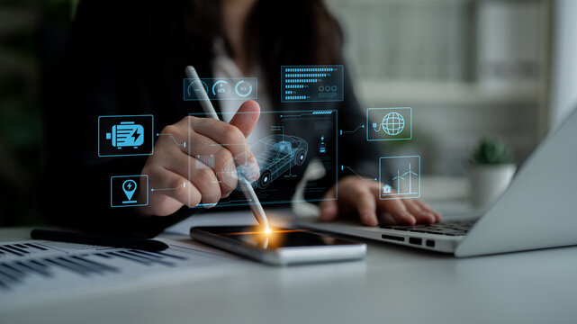 Technical layout of electric vehicle showing battery system, power control, traction motor, charging interface, and integration with renewable and smart energy sources Latch