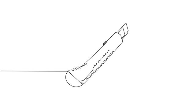 Animated self drawing of continuous line draw builder cutter knife, home tools for cutting plastic board, concept single line 4k animation video.