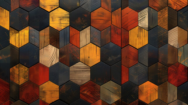 Colorful rustic wood hexagonal wall paneling creating a geometric texture background - Powered by Adobe
