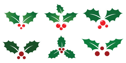Christmas Holly Leaves and Red Berries Set Festive Decorative Holiday Elements on White Background