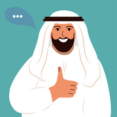 Man in traditional thobe giving thumbs up gesture. Happy Arab muslim person.  Flat Vector illustration
