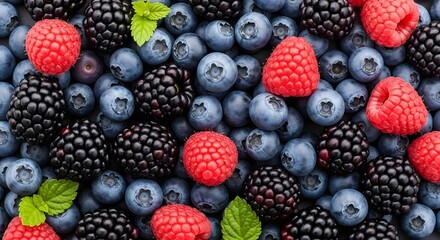 Top view of assorted berries including blackberries, blueberries, raspberries.